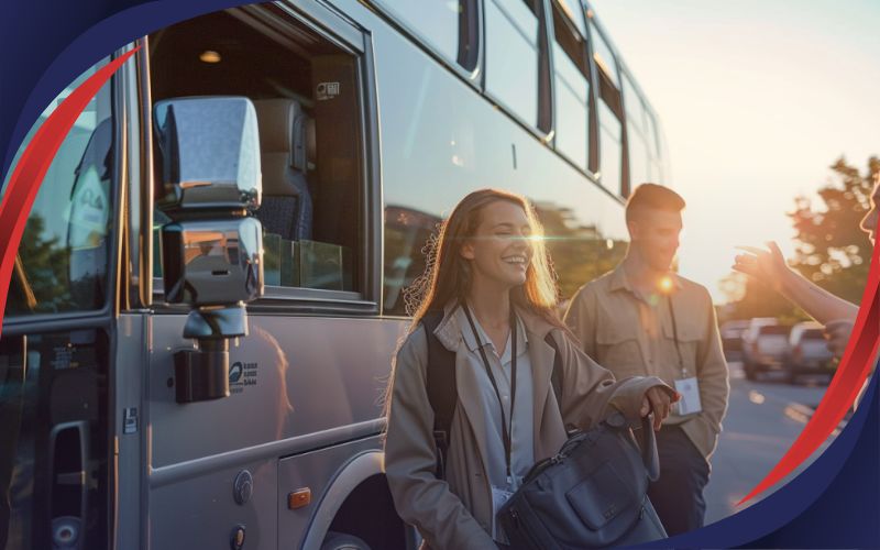 corporate employees standing and smiling in front of a coach, budget-friendly coach hire, May 2024, NZ